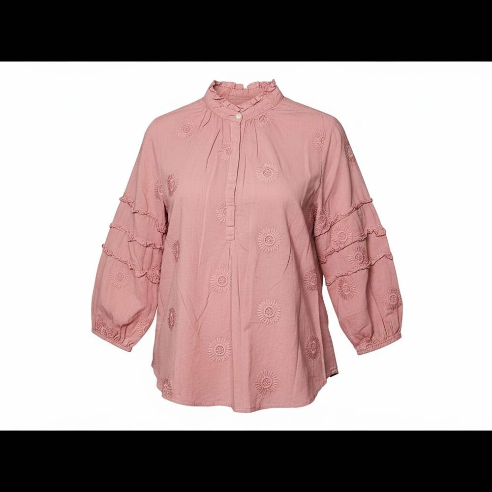 Isabella Sinclair Coral Long Sleeve Floral Ruffle Blouse Size Small 100% Cotton
